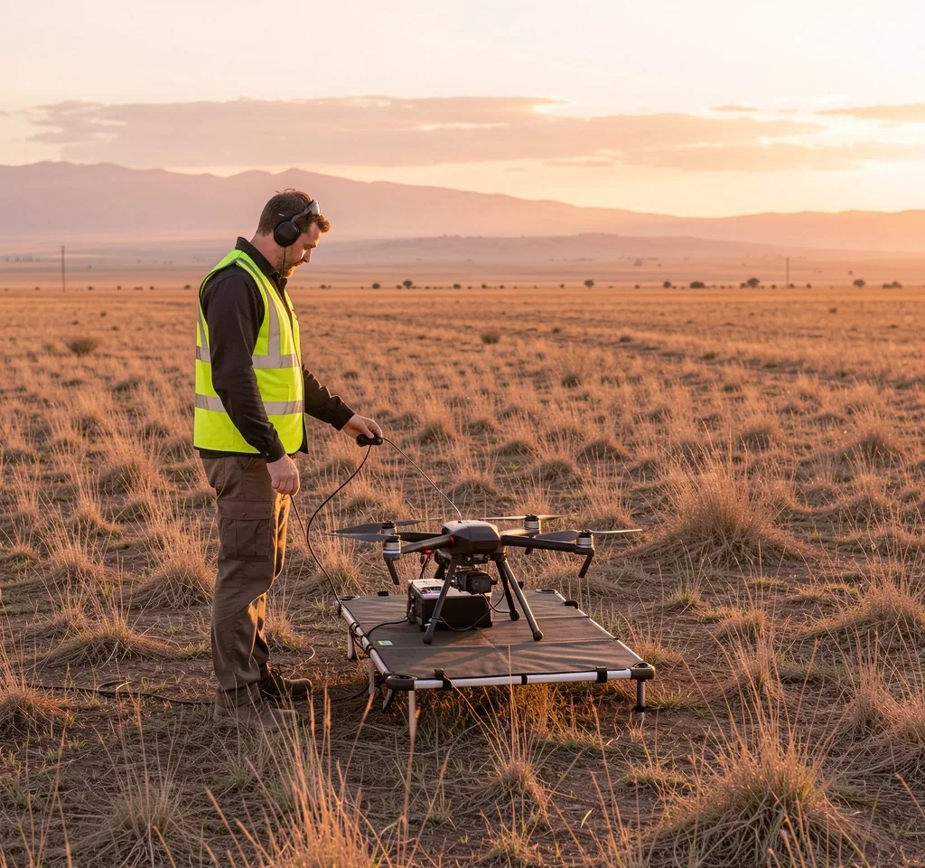Operador de drone calibrando equipo en campo argentino