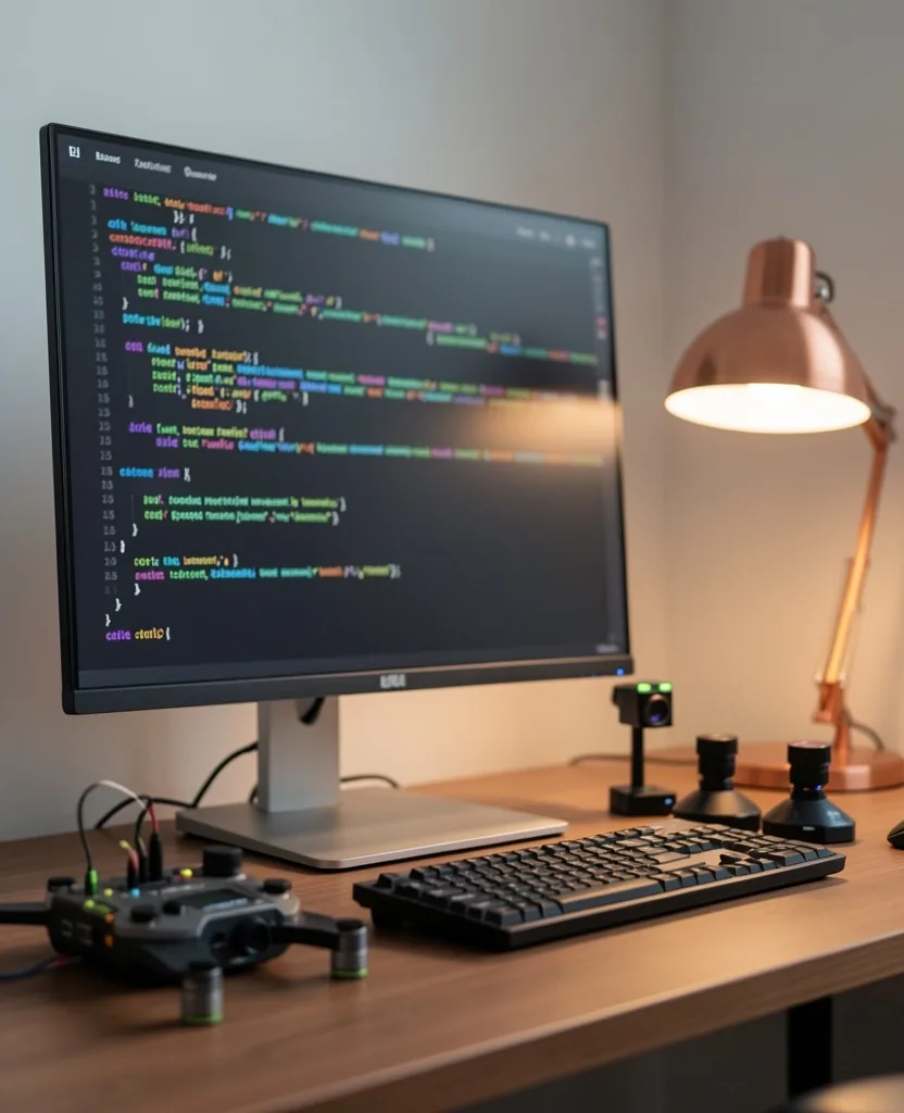 Estación de trabajo de ingeniería con código y hardware de drone