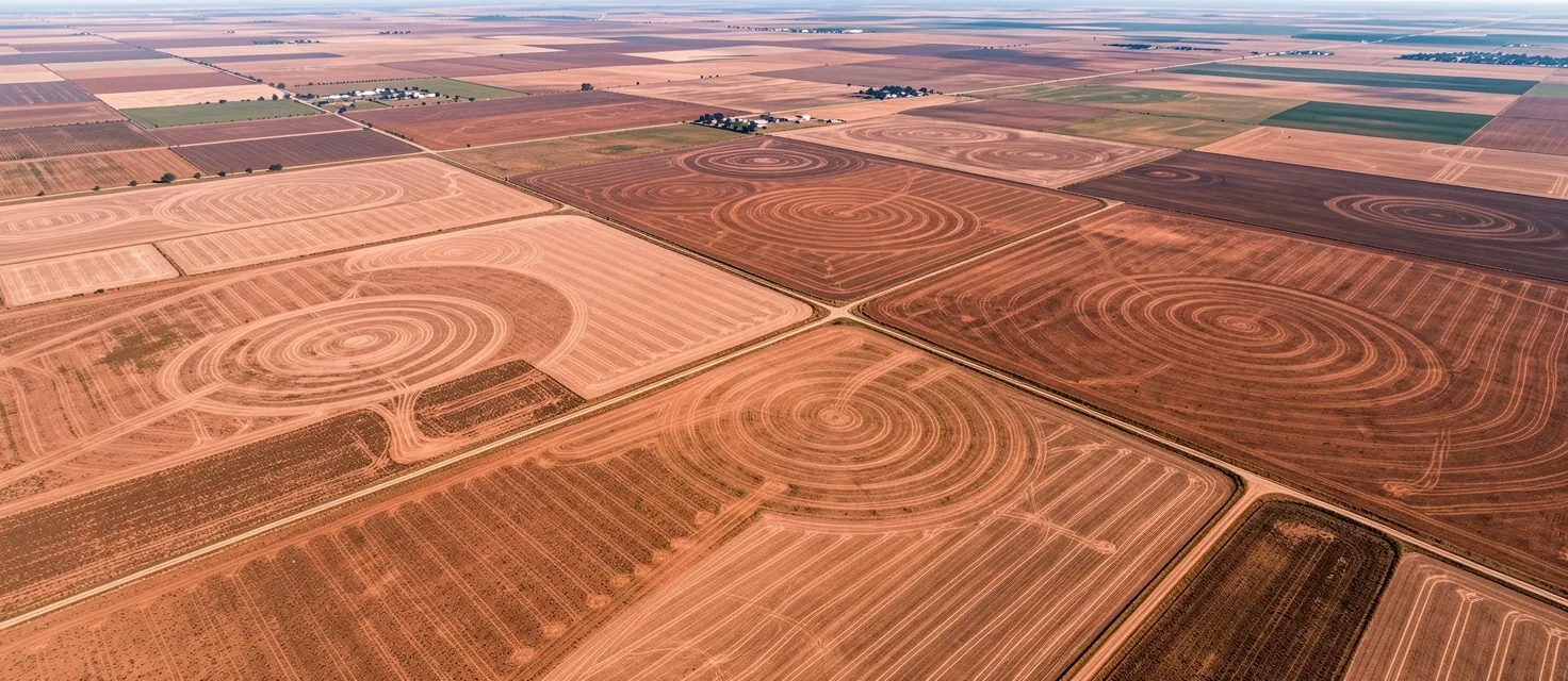 Vista aérea de campos agrícolas argentinos captada por drone