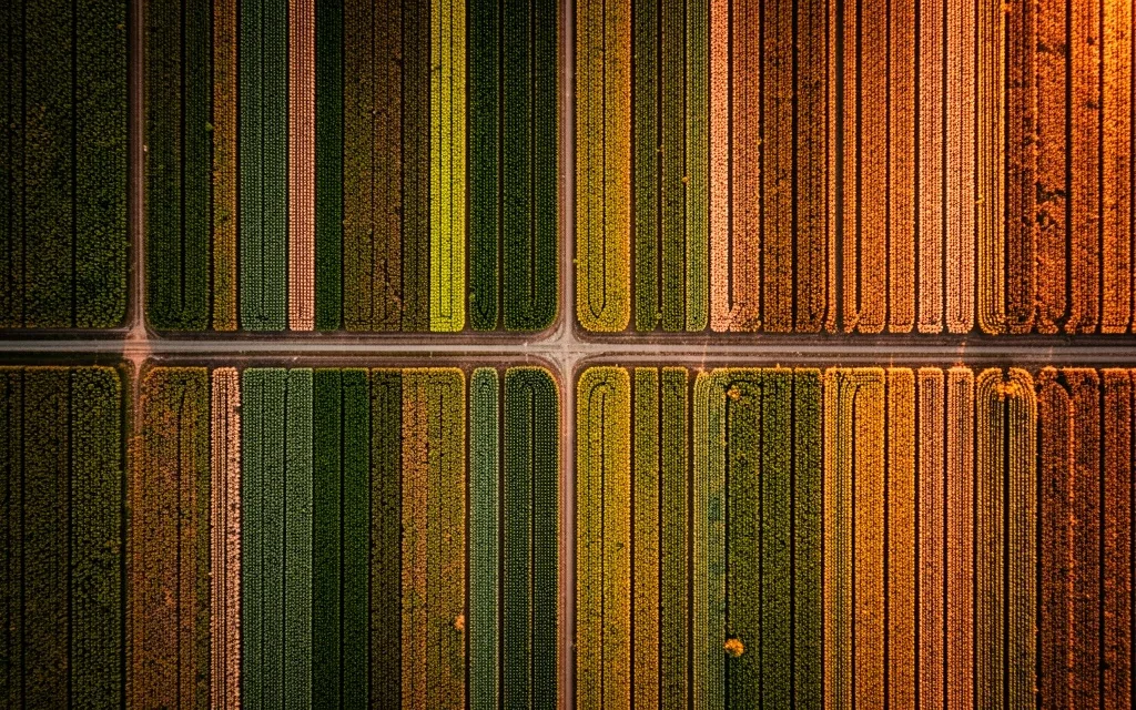 Vista aérea de cultivos con análisis multiespectral por dron