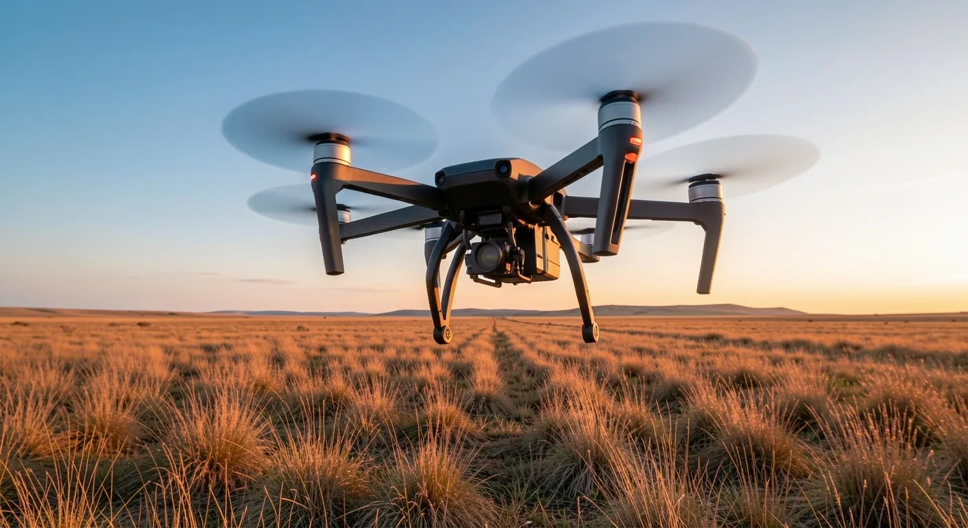 Dron en vuelo capturado desde abajo