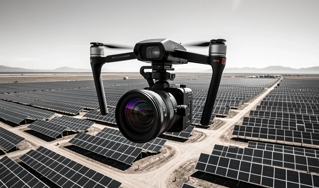 Cámara de dron sobre paneles solares