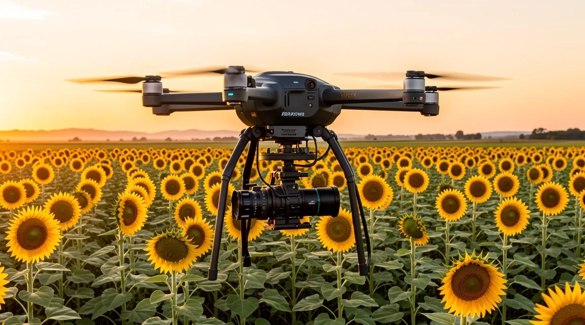 Dron con sensores multiespectrales sobre campo agrícola